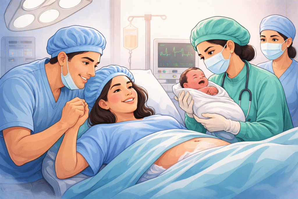 Safe C-section delivery under expert obstetric care ensuring mother and baby’s well-being