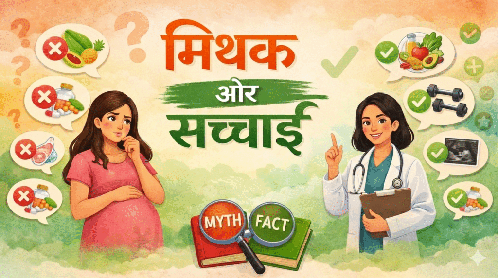 गर्भावस्था से जुड़े मिथक और सच्चाई समझाती हुई डॉक्टर और गर्भवती महिला का चित्र