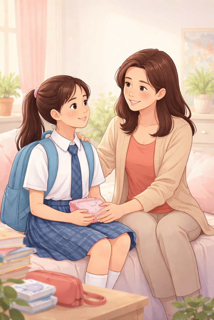 Mother supporting her daughter during puberty and early menstrual changes
